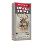 Box of Winchester Power Point rifle ammunition (32 Win Special) with a deer illustration; Made in USA.
