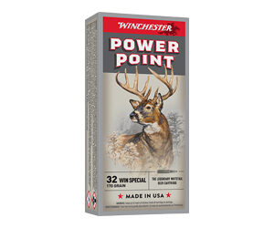 Box of Winchester Power Point rifle ammunition (32 Win Special) with a deer illustration; Made in USA.