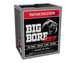 Winchester Big Bore .357 Magnum ammunition box with a bear graphic and bold 'Big Bore 357' label.