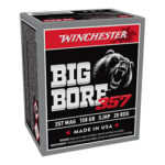 Box of Winchester Big Bore .357 Magnum ammunition, 20 rounds, 158-grain SJHP, made in USA.