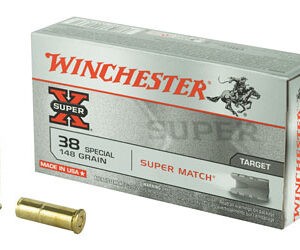 Box of Winchester Super X target ammunition for .38 Special with two brass cartridges beside the box.