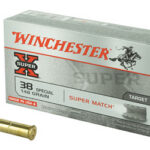 Winchester .38 Special ammunition box labeled Super Match with two brass cartridges beside it