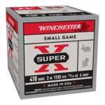 Winchester Super-X Small Game shotgun ammunition box: 410 bore, 3 inch shells, 1 1/8 oz, 4 shot, Made in USA.