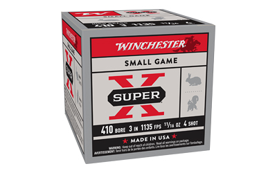 Winchester Super-X Small Game shotgun ammunition box: 410 bore, 3 inch shells, 1 1/8 oz, 4 shot, Made in USA.