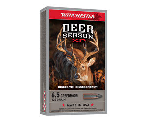 Box of Winchester Deer Season XP ammo for 6.5 Creedmoor, 125 grain, Made in USA, featuring a deer on the front