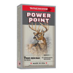 Box of Winchester Power Point ammunition for 7mm Rem. Mag, featuring a deer illustration; Made in USA.