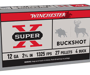Winchester Super X buckshot ammunition box showing 12 gauge, 2 3/4 inch shells, 1325 fps, 27 pellets, and 4 buckshot.