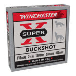 Box of Winchester Super-X Buckshot shotgun ammunition with red and gray labeling and images of a dog and buck on the front