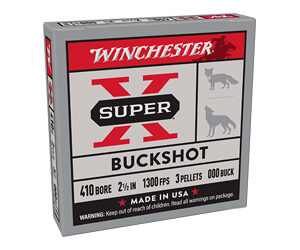 Box of Winchester Super-X Buckshot shotgun ammunition with red and gray labeling and images of a dog and buck on the front