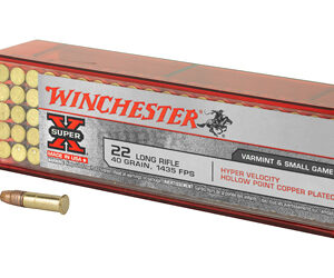 Box of Winchester .22 LR hollow-point copper-plated ammunition with a couple of rounds outside the box.