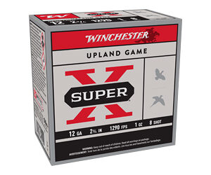 Winchester Super-X Upland Game shotgun ammunition box, 12 gauge, 2-3/4 in, 1 oz, 8 shot, 1290 fps.