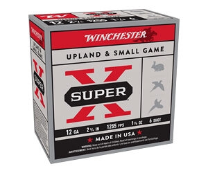 Box of Winchester Super-X shotgun ammunition for upland and small game—12 gauge, 2 3/4 in, 1 oz, 8-shot (Made in USA).