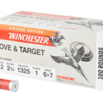 Winchester Dove & Target vintage edition shotgun shell box — 100 rounds, 12 gauge, with two orange shells beside.