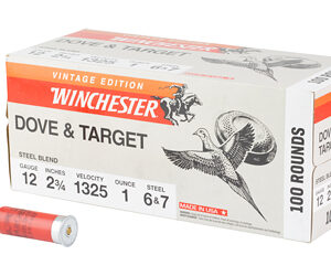 Winchester Dove & Target vintage edition shotgun shell box — 100 rounds, 12 gauge, with two orange shells beside.