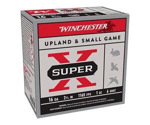 Box of Winchester Super-X 16-gauge shotgun shells for upland and small game, 1 oz shot, 1145 fps.
