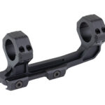 Black two-ring rifle scope mount with cantilever base and mounting screws for rail attachment