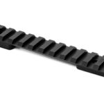 Black Picatinny rail segment with evenly spaced slots for mounting accessories on a firearm buttoned ends for attachment.