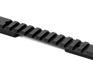 Black Picatinny rail segment with evenly spaced slots for mounting accessories on a firearm buttoned ends for attachment.