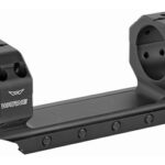 Two-ring scope mount with a long rail base for attaching optics to a rifle rail system.
