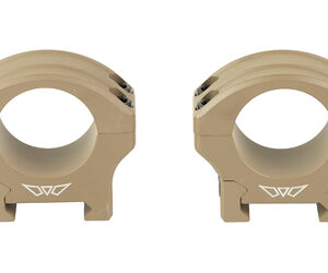 Pair of tan rifle scope rings on a white background, used to mount a scope onto a rifle.
