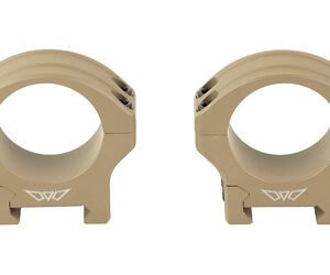 Pair of tan rifle scope rings shown side by side, front view against a white background