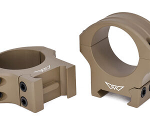 Pair of tan rifle scope mounting rings with four-screw clamps for attaching a scope