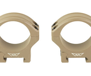 Pair of tan rifle scope rings facing forward, used to mount a scope on a rifle.