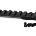 Black Picatinny rail segment with several small mounting screws beside it