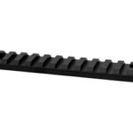 Long black Picatinny rail with evenly spaced slots for attaching accessories.
