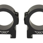 Pair of black rifle scope rings with clamp mounts shown side by side for mounting a scope on a rail.