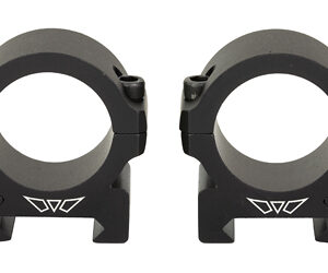 Pair of black rifle scope rings with clamp mounts shown side by side for mounting a scope on a rail.