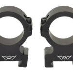 Pair of black rifle scope rings with circular mounting rings and bases side by side.