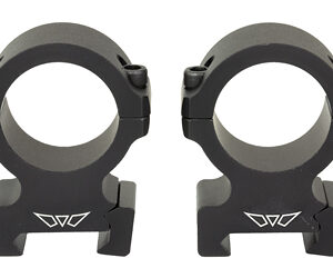 Pair of black rifle scope rings with circular mounting rings and bases side by side.