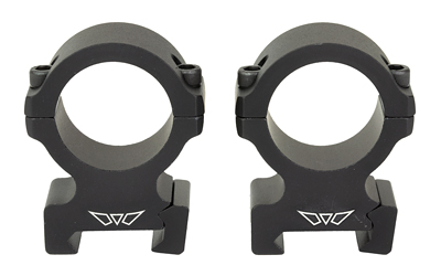 Pair of black rifle scope rings with two-piece clamps, shown side by side for mounting a scope.