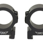 Pair of black rifle scope rings with mounting bases, shown side by side on a white background.
