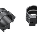 Pair of black circular mounting clamps with screws for securing a rod or tube to a rail or mount.