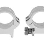 Pair of silver rifle scope rings with bases and small adjustment screws for mounting a scope.