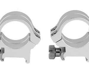 Pair of silver rifle scope rings with bases and small adjustment screws for mounting a scope.