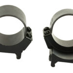 Two black metal rifle scope rings with thumbscrews and mount bases for attaching a scope to a rifle.