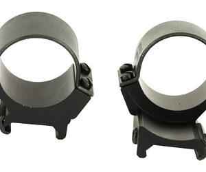 Two black metal rifle scope rings with thumbscrews and mount bases for attaching a scope to a rifle.