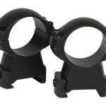 Pair of black scope rings with mounting bases for attaching a rifle scope to a rifle kit