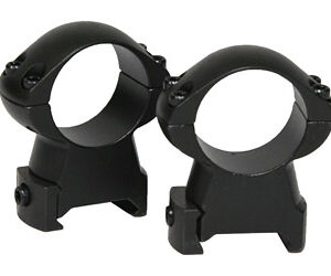 Pair of black scope rings with mounting bases for attaching a rifle scope to a rifle kit