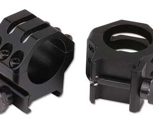 Two black rifle scope rings, one with four small screws and the other a clamp-style ring for mounting a scope on a rail.