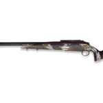 Camouflage-pattern hunting rifle in profile against a white background on a side view.
