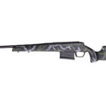 Camouflage-pattern bolt-action rifle with a detachable magazine, shown in side profile.