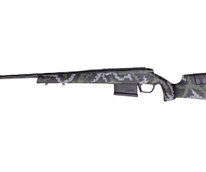 Camouflage-pattern bolt-action rifle with a detachable magazine, shown in side profile.