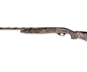 Camouflage-pattern pump-action shotgun with a long barrel and camo stock in a horizontal pose, ready for hunting.