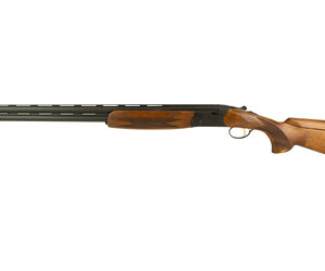 Side view of a long-barrel shotgun with a wooden stock and fore-end.