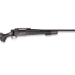 Bolt-action rifle with a wooden stock and long barrel, shown in profile lying horizontally.