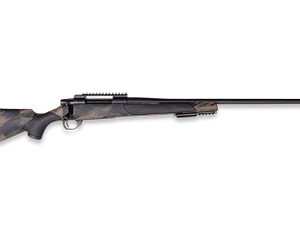 Bolt-action rifle with a wooden stock and long barrel, shown in profile lying horizontally.